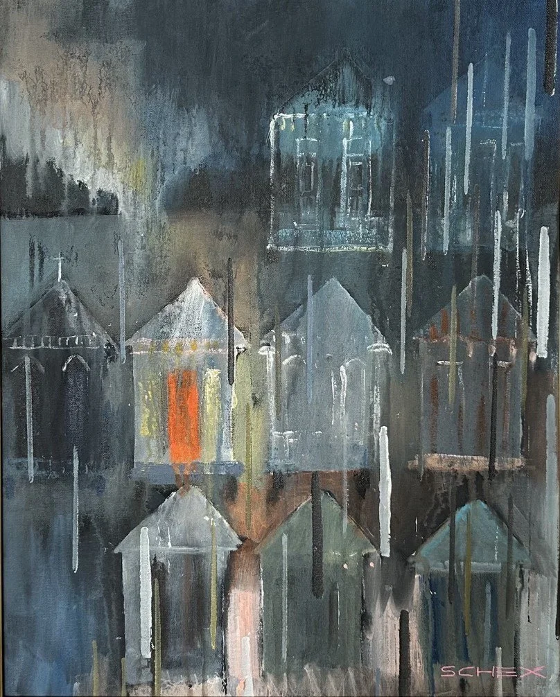 Abstract painting of a night scene featuring houses with lit windows, trees, and a dark, rainy atmosphere, created with loose brushstrokes and a muted color palette.