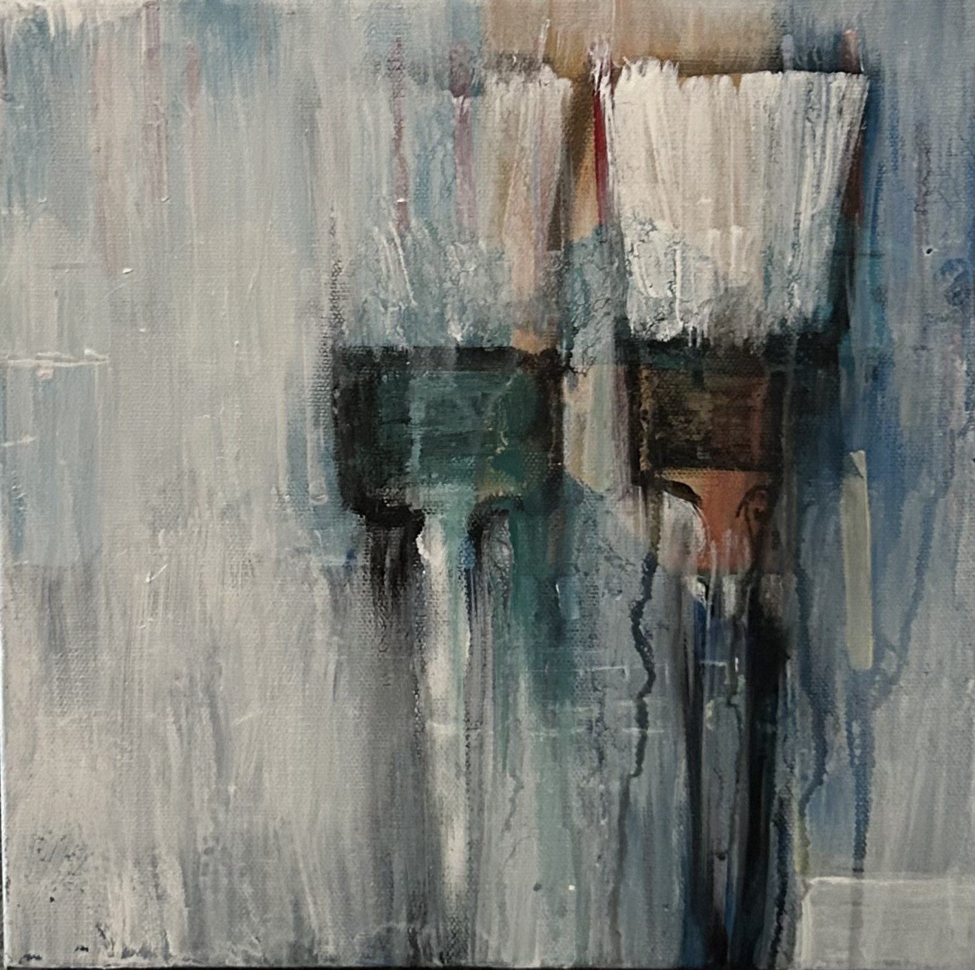 Abstract painting with duplicated black chairs, a white table, and muted colors in a modern style.