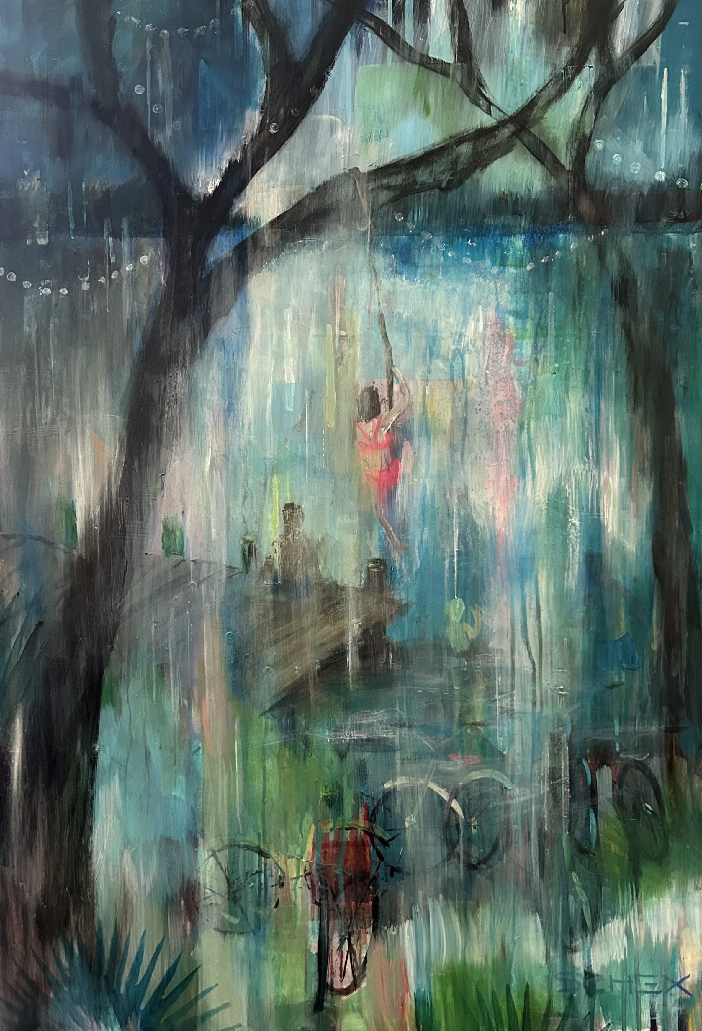 An abstract painting depicting a girl in a pink dress swinging from a tree branch over a rain-soaked landscape with lush green grass. The scene is painted with vibrant, flowing colors and expressive brushstrokes.