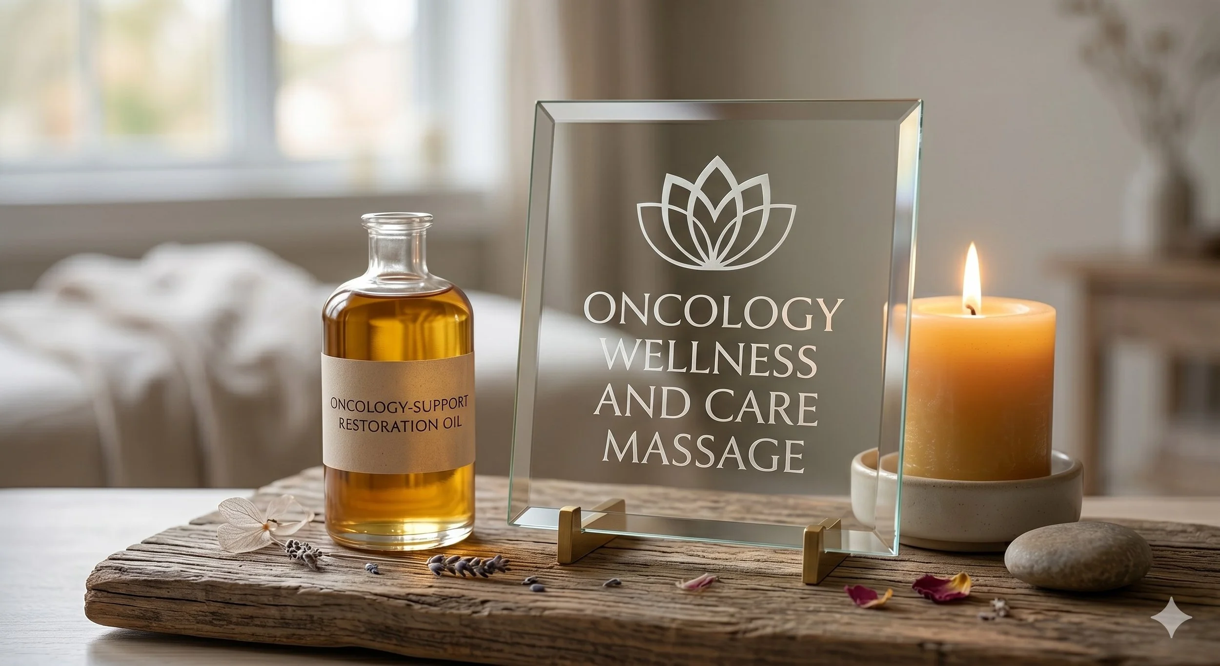 A bottle of oncology support restoration oil, a glass stand with a sign reading 'Oncology Wellness and Care Massage', and a lit candle on a wooden surface, with a blurred background.