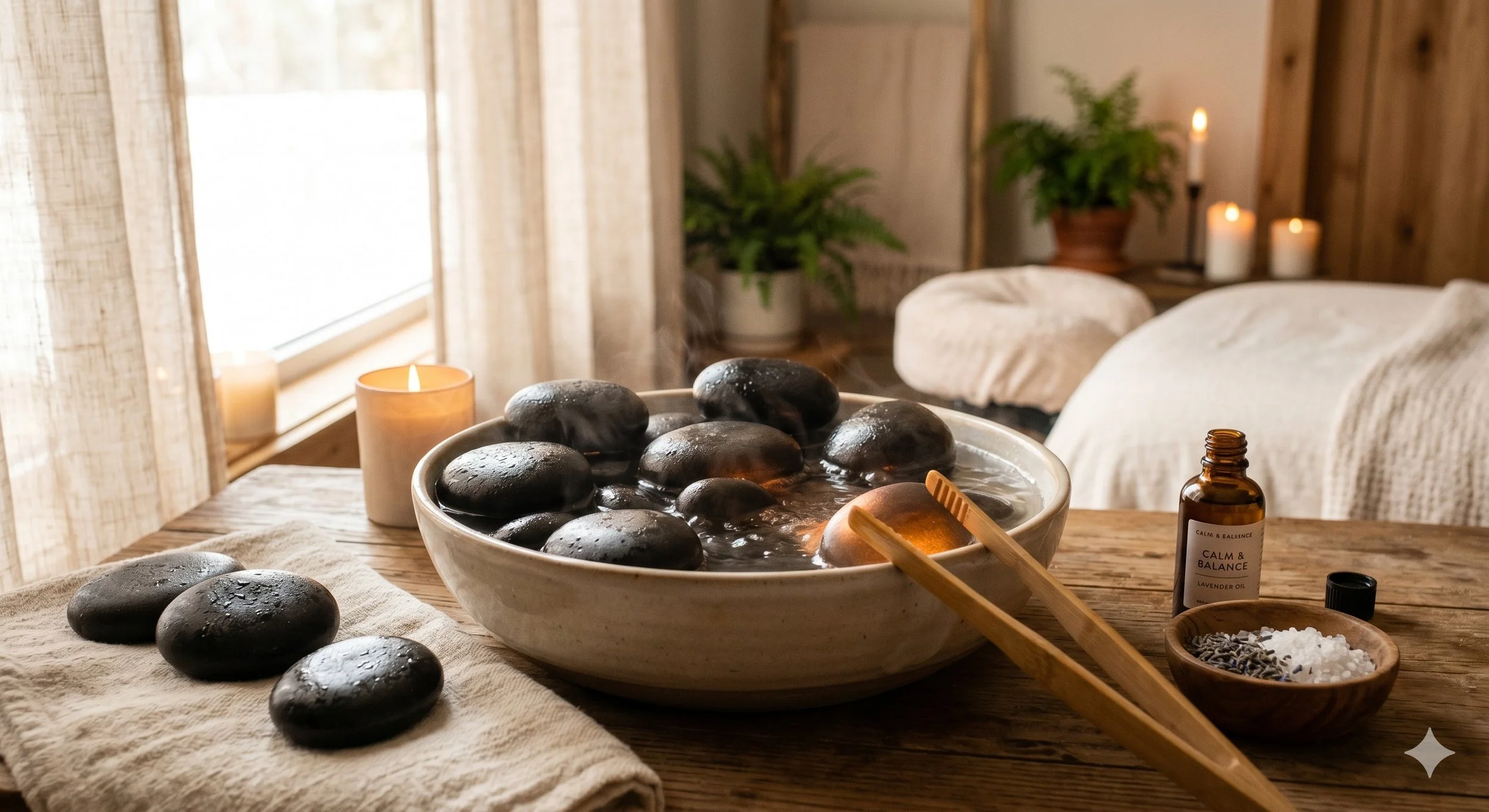 Spa setting with a bowl of hot stones, lavender oil, candles, and towels in a peaceful room with natural light.