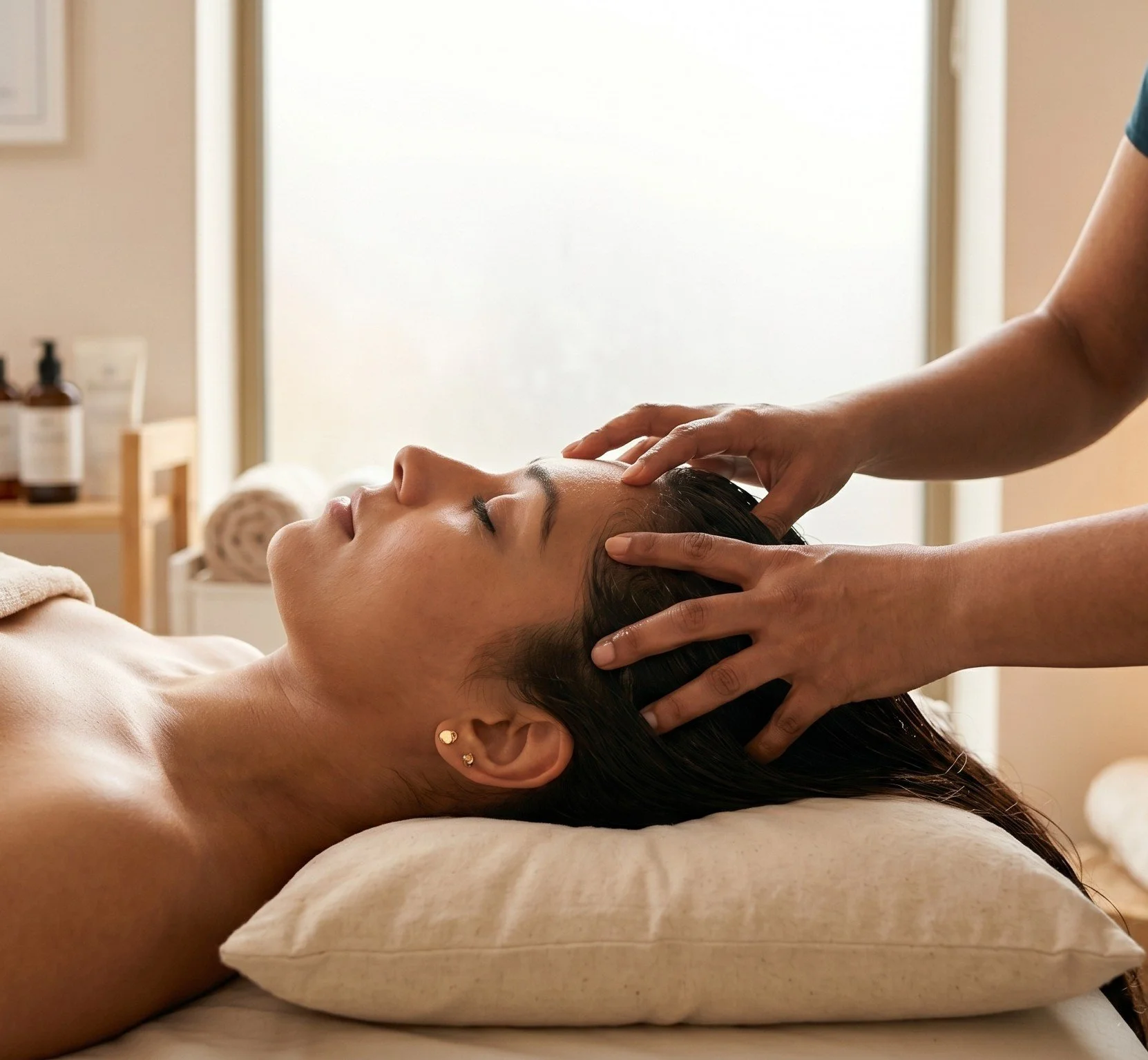 A woman lying on her back with her eyes closed receives a head massage in a relaxing spa or massage therapy setting.