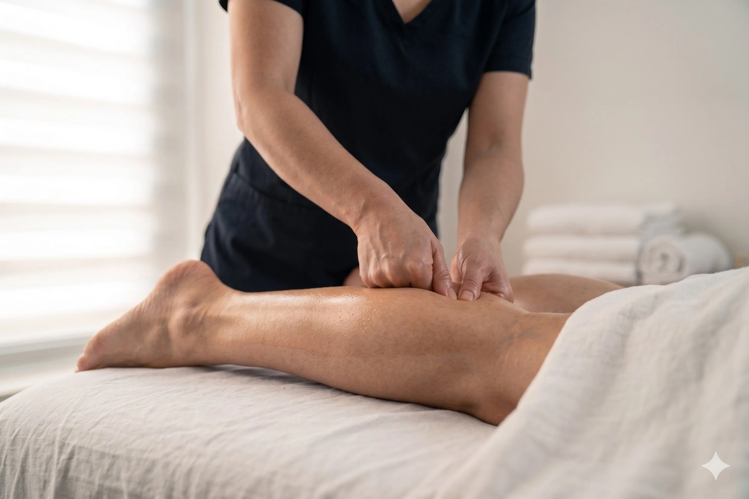A person receiving a back massage from a massage therapist in a therapy room with natural light.