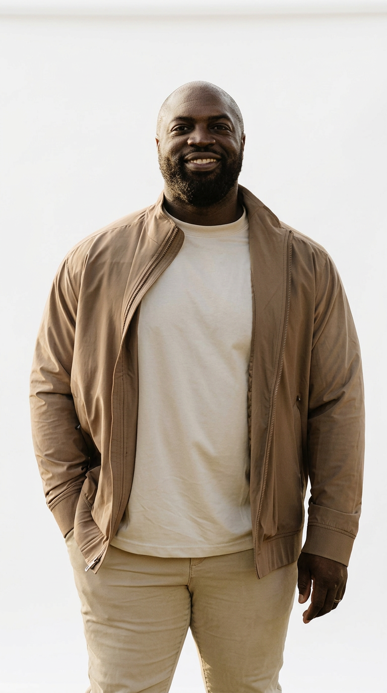 A smiling African American man with a beard, wearing a beige jacket and matching khaki pants, standing against a plain white background.