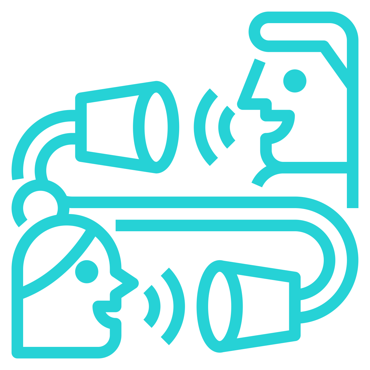 Two people exchanging communication through megaphones and speech bubbles, representing conversation or communication.