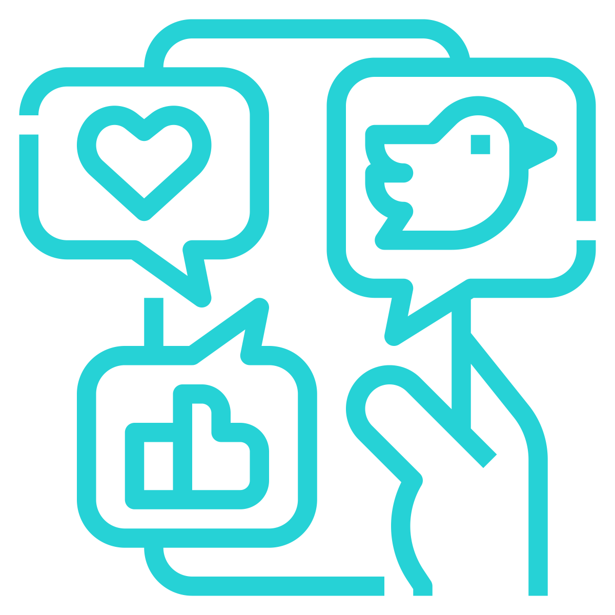 Outline of a hand holding a smartphone with three speech bubbles showing social media icons: a heart, a bird, and a thumbs-up.