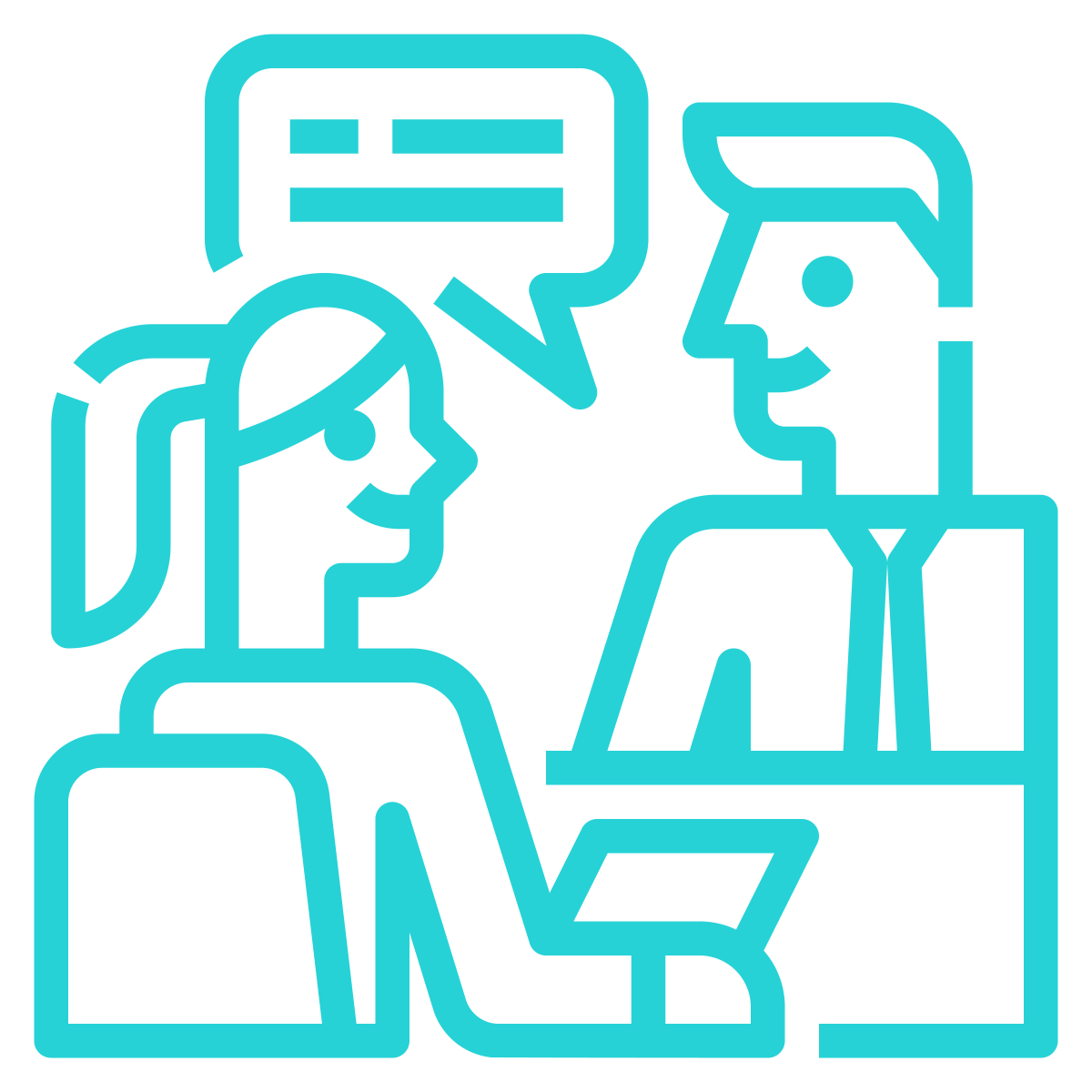 Line drawing of two people talking, with one holding a tablet, and speech bubbles indicating conversation.