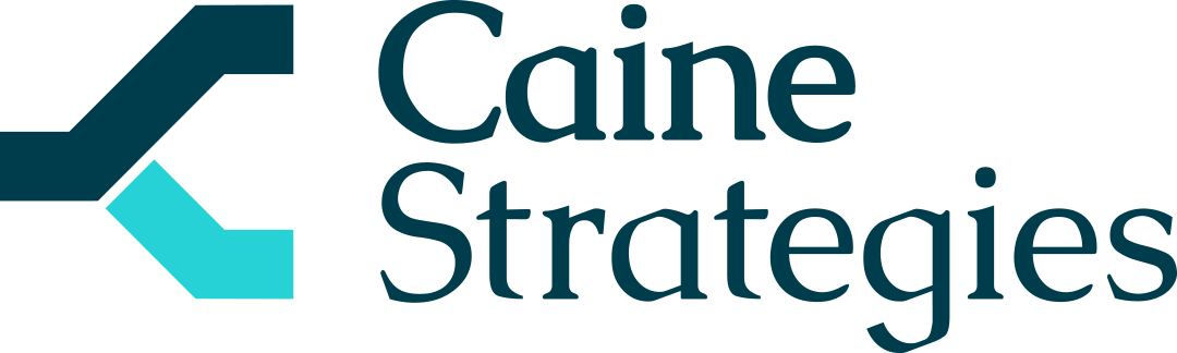 Logo of Caine Strategies with a stylized arrow pointing right, in shades of blue, accompanied by the company name in black text.
