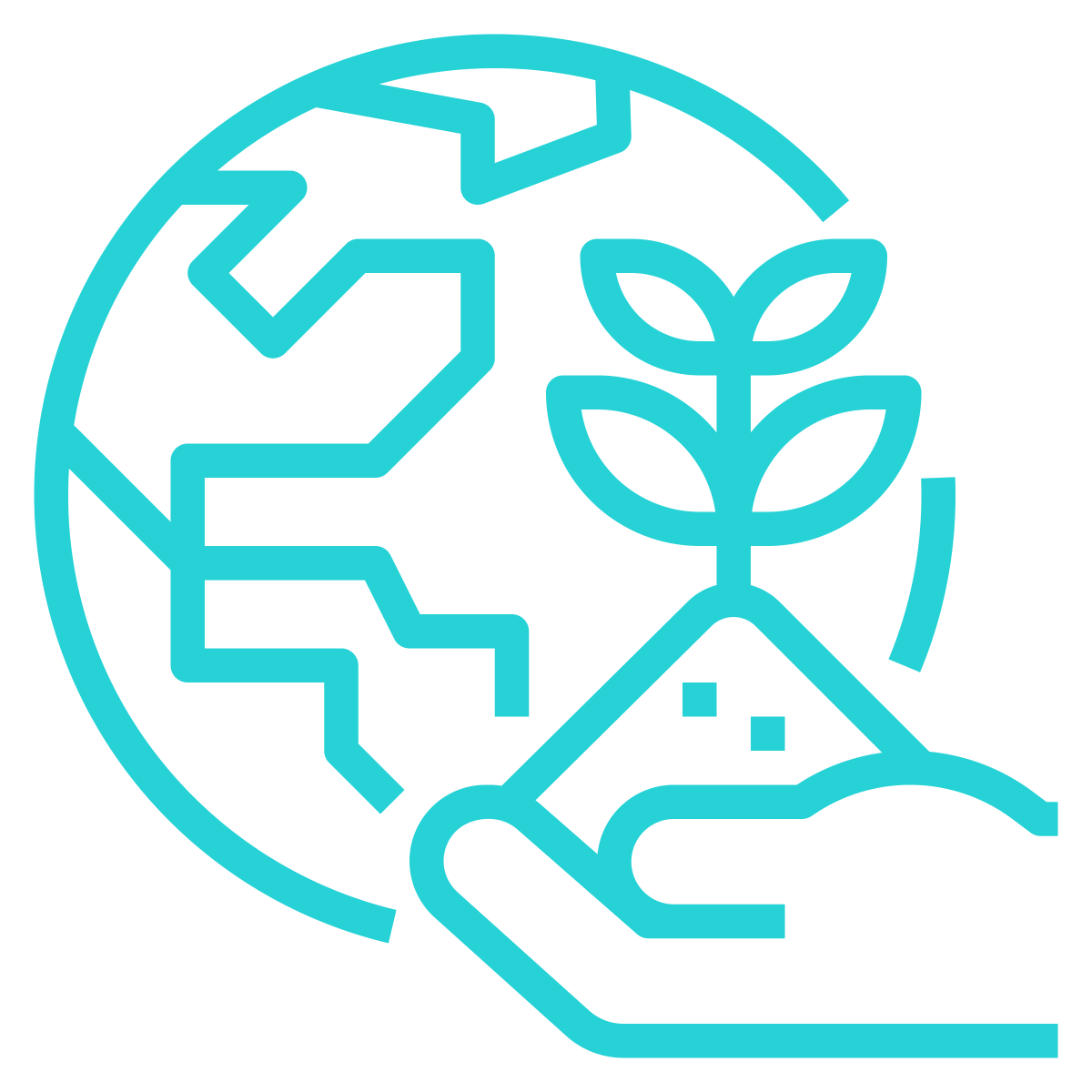 Line drawing of a globe with a hand holding a plant, a house, and a recycling symbol.