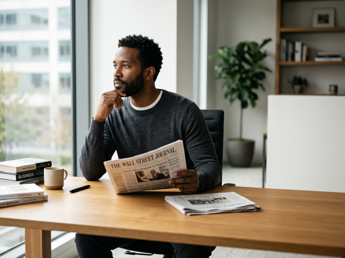 A man sitting at a wooden desk in a modern office, holding a newspaper titled 'The Wall Street Journal,' with a cup, a pen, and several other newspapers on the desk, and a large window and bookshelf in the background.