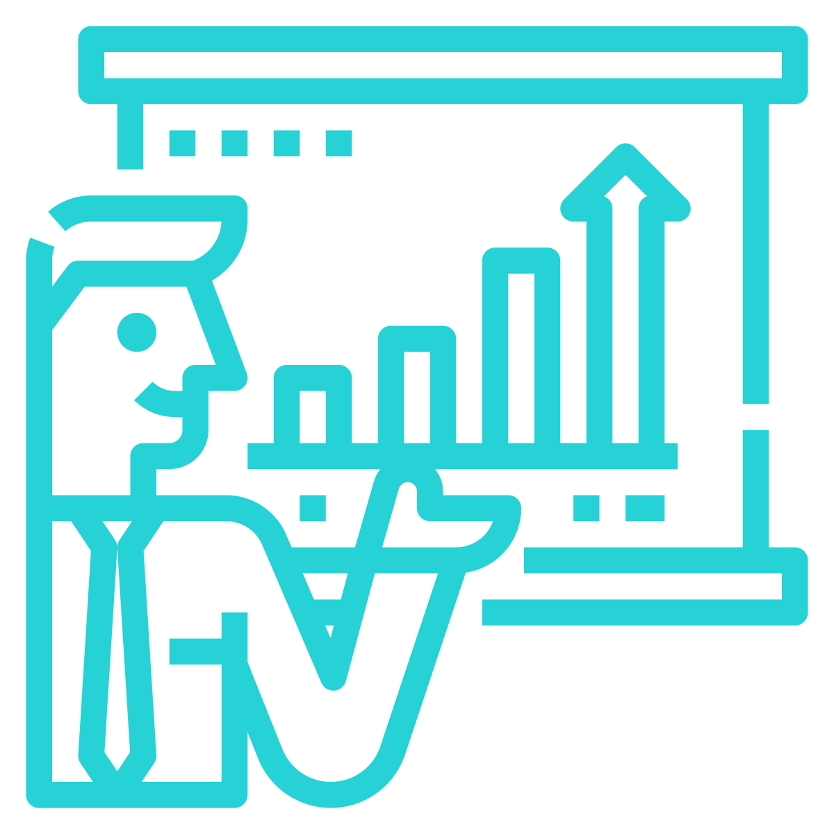 Line art of a person in business attire pointing at a presentation screen displaying a bar and arrow chart, representing data analysis or growth.