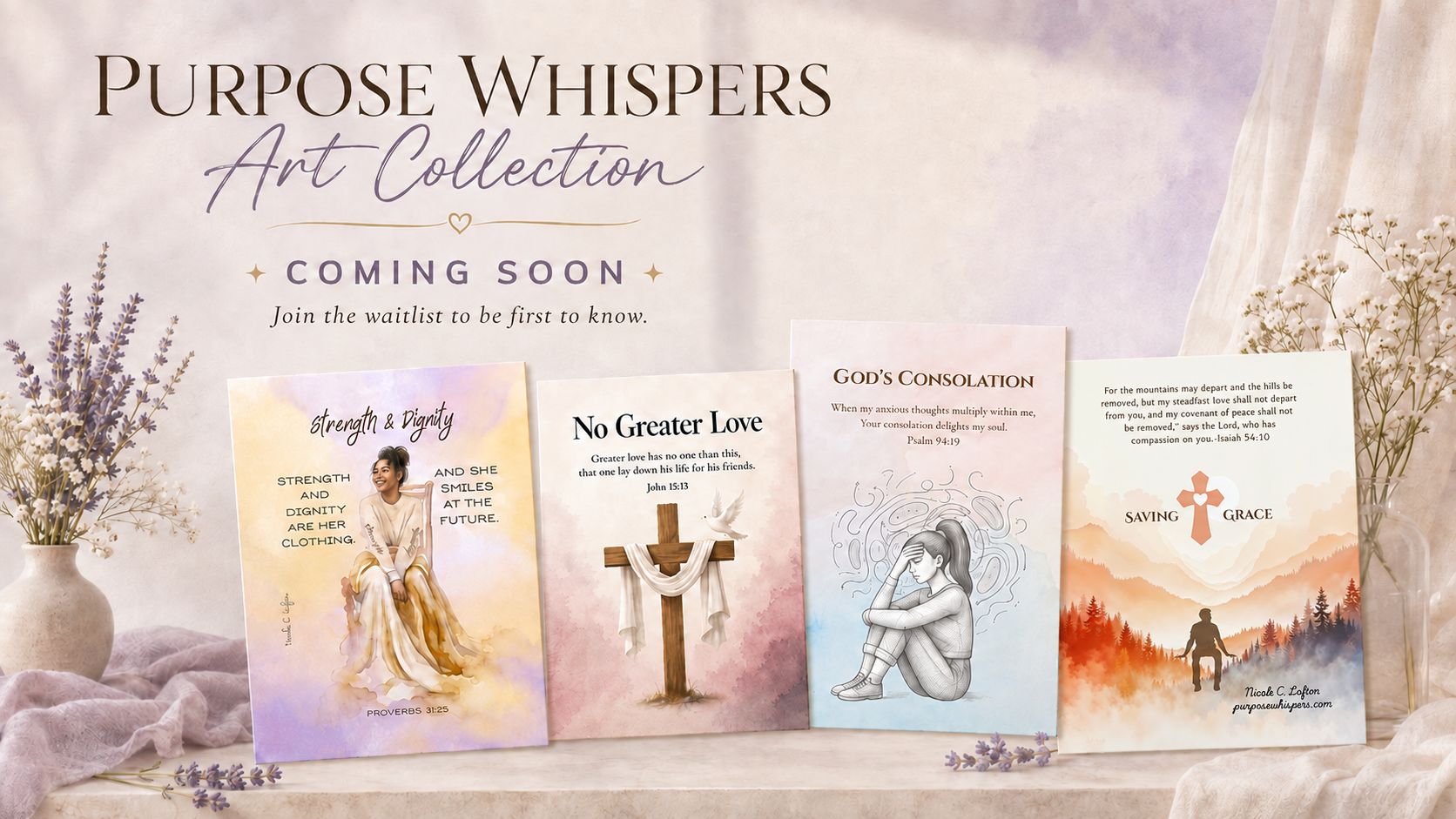 Decorative display of four inspirational posters with religious themes, flanked by white flower arrangements in vases on a soft pink and purple background.