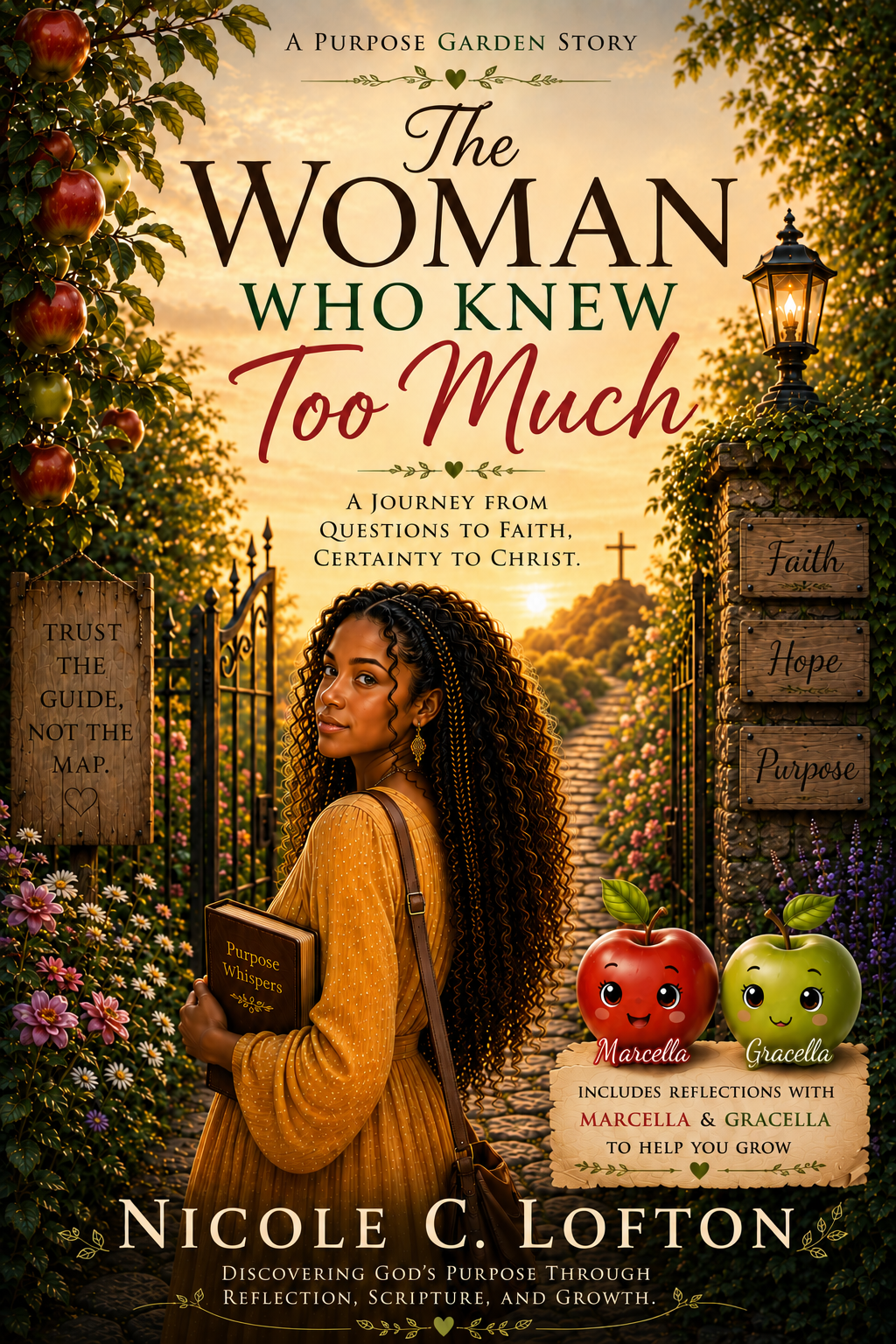 The book cover titled "The Woman Who Knew Too Much" by Nicole C. Lofton features a young woman with long curly hair holding a book titled "Purpose Whispers" standing on a garden pathway at sunset. The background depicts trees, flowers, a cross on a hill, and a lantern. Side signs read "Trust the Guide, Not the Map," "Faith," "Hope," and "Purpose." Two cartoon apples with smiling faces named Marcella and Gracella are near the bottom, with a note about reflections with them to help growth. Additional text mentions discovering God's purpose through reflection, scripture, and growth.