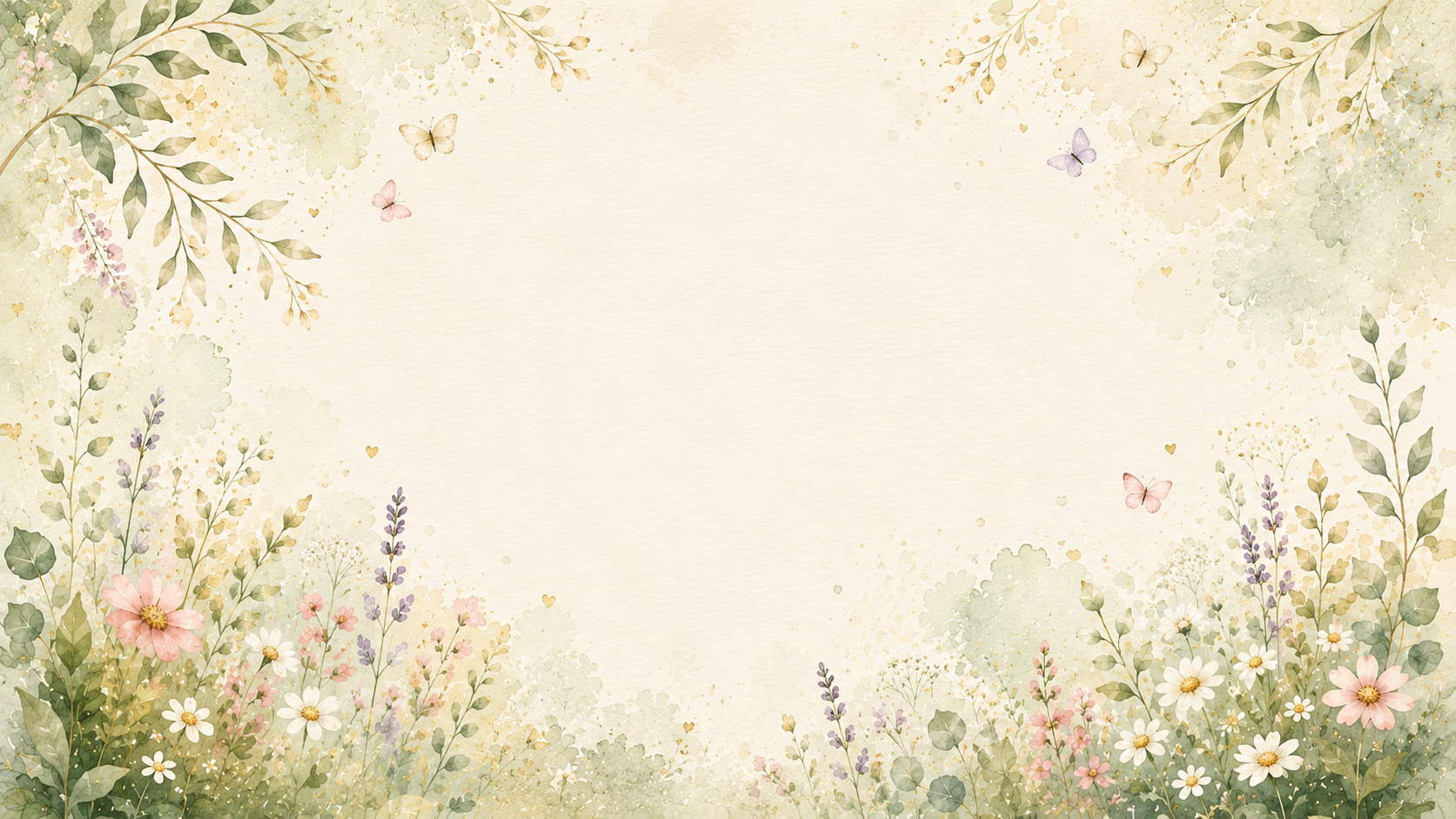 A floral border with pastel-colored flowers, green leaves, and butterflies on a cream-colored background.