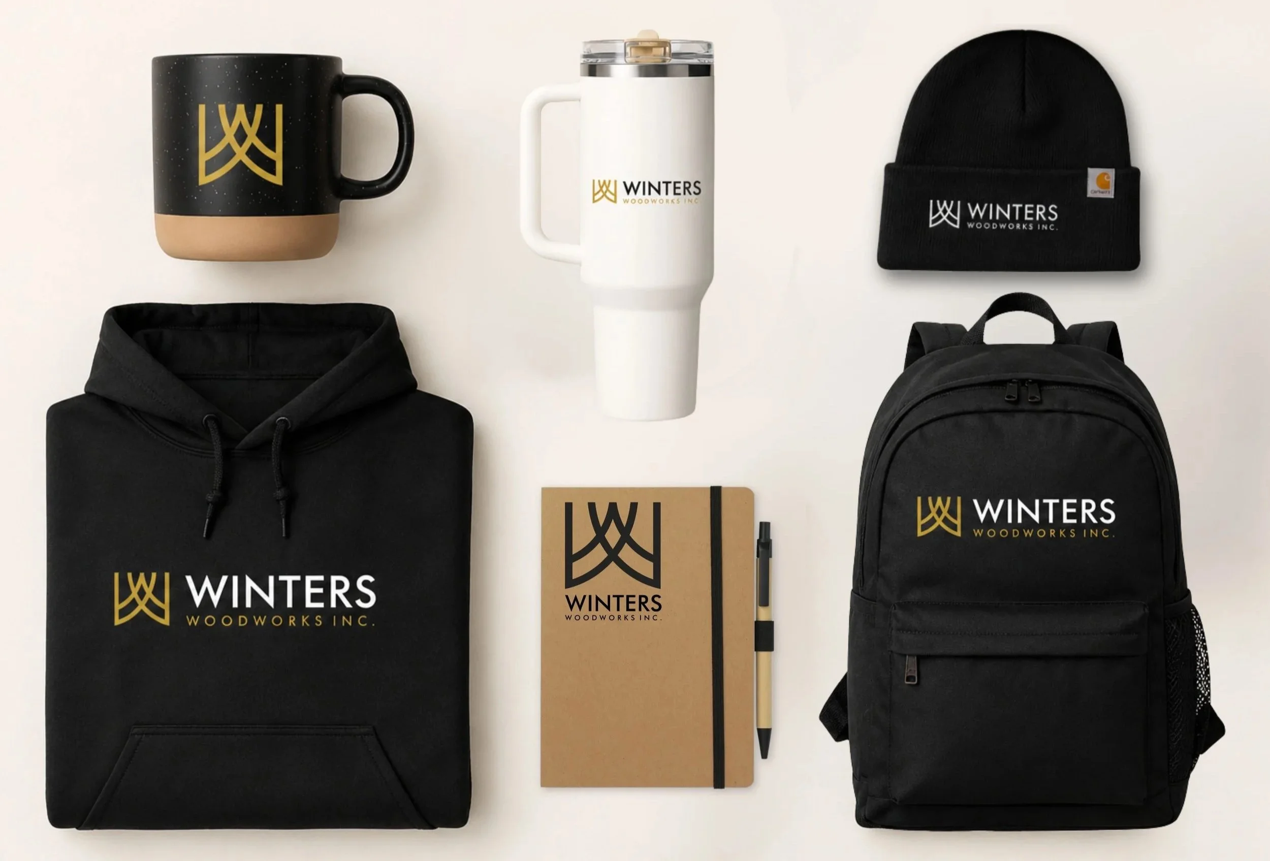 Winters Woodworks branding applied to apparel, drinkware, stationery and promotional products.