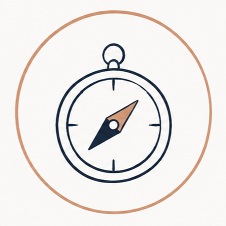 Drawing of a compass with a brown outer circle, black inner circle, and orange and black hands pointing northeast.