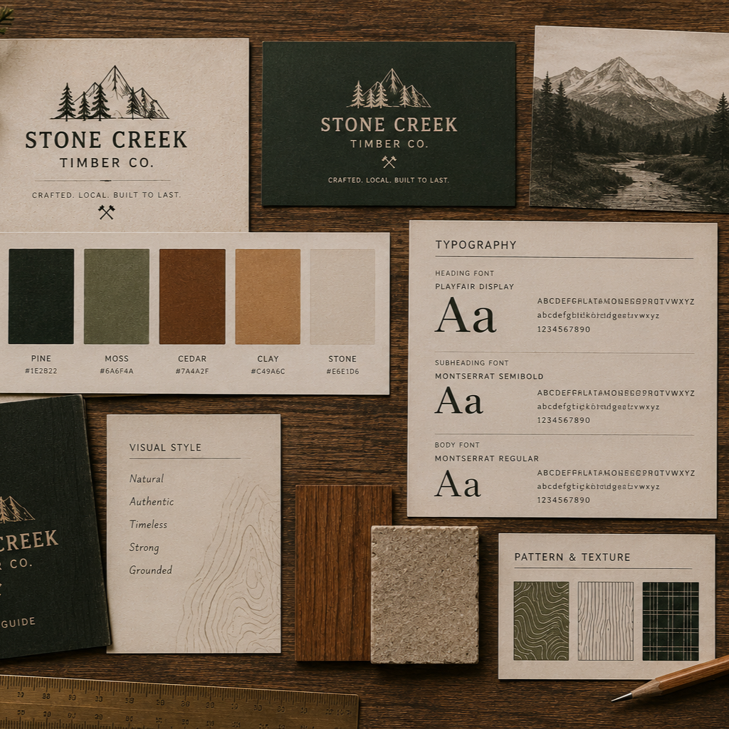 Stone Creek Timber Co. visual identity with logo, colour palette, typography and photography.