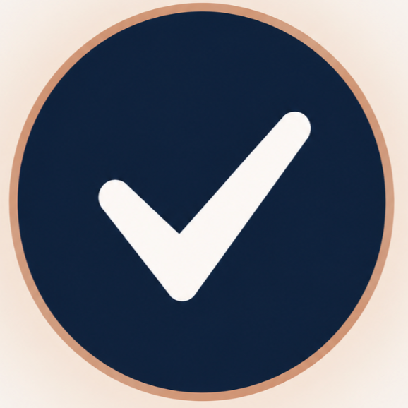 White check mark inside a dark blue circle with a beige border.