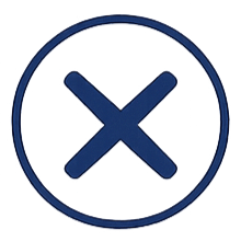 Close-up of a dark blue circle with a large dark blue X inside it on a white background.