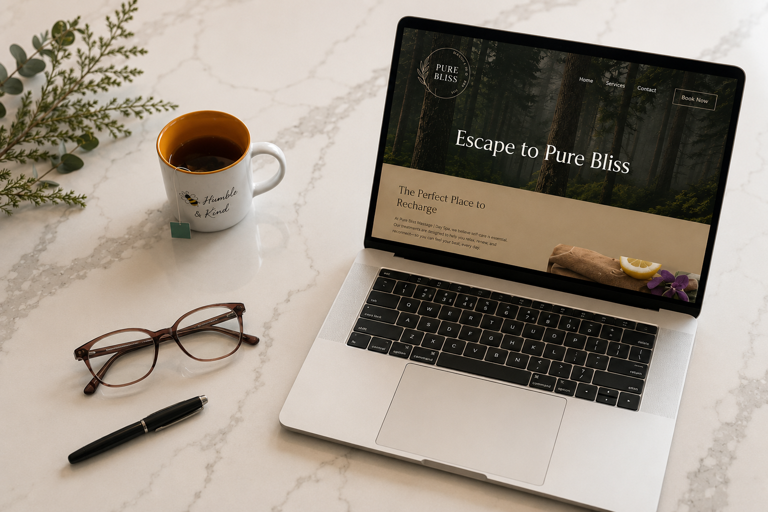 Pure Bliss Massage and Day Spa website displayed on a laptop.