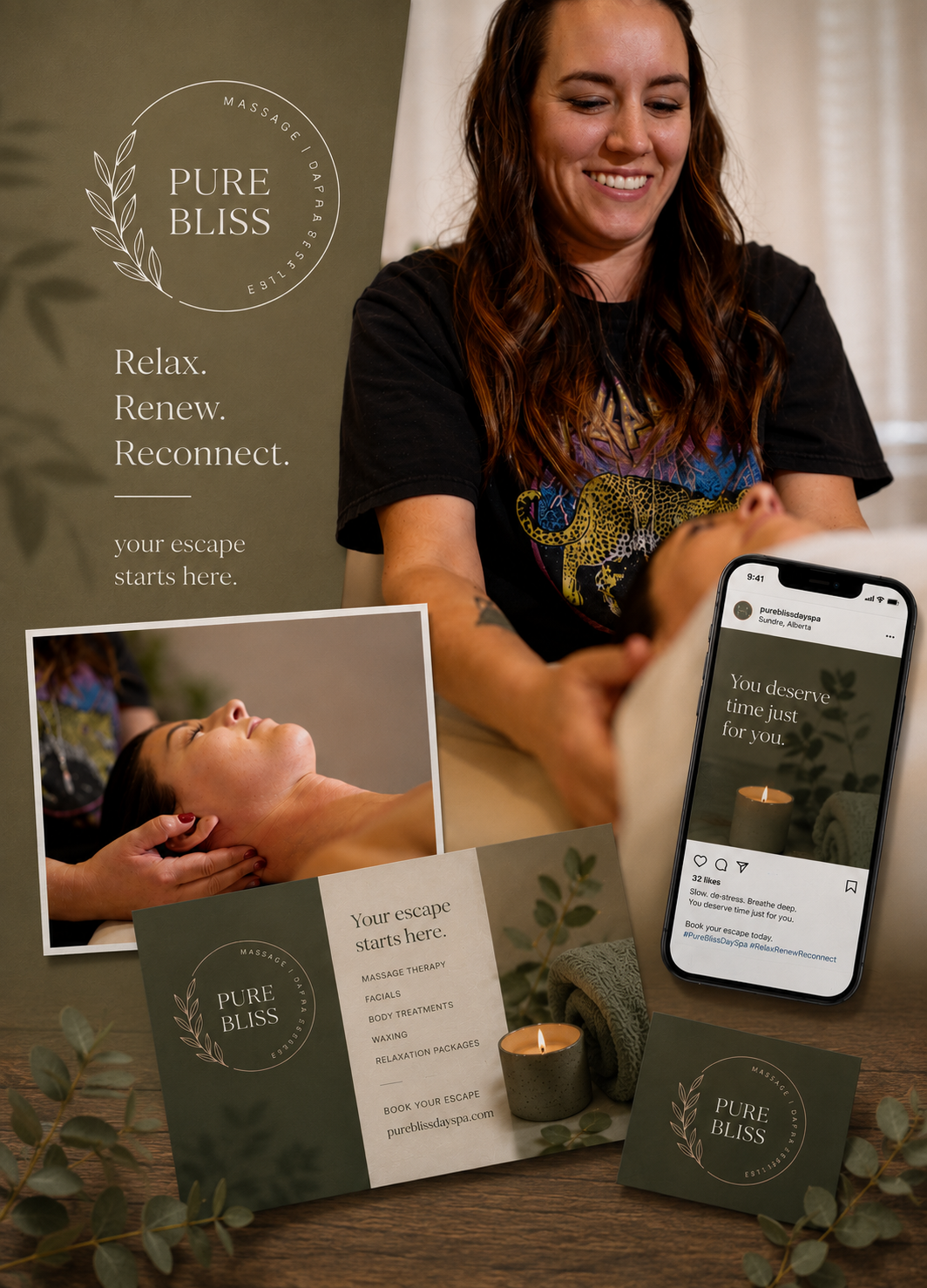 Complete branding project including website, logo, print design, and marketing materials for Pure Bliss Day Spa.