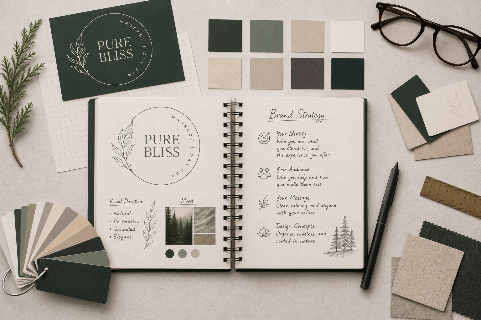 A flat lay of a brand strategy notebook for 'Pure Bliss' massage spa, with color swatches, fabric samples, a ruler, black glasses, a pen, a sprig of greenery, and a color palette chart around it.