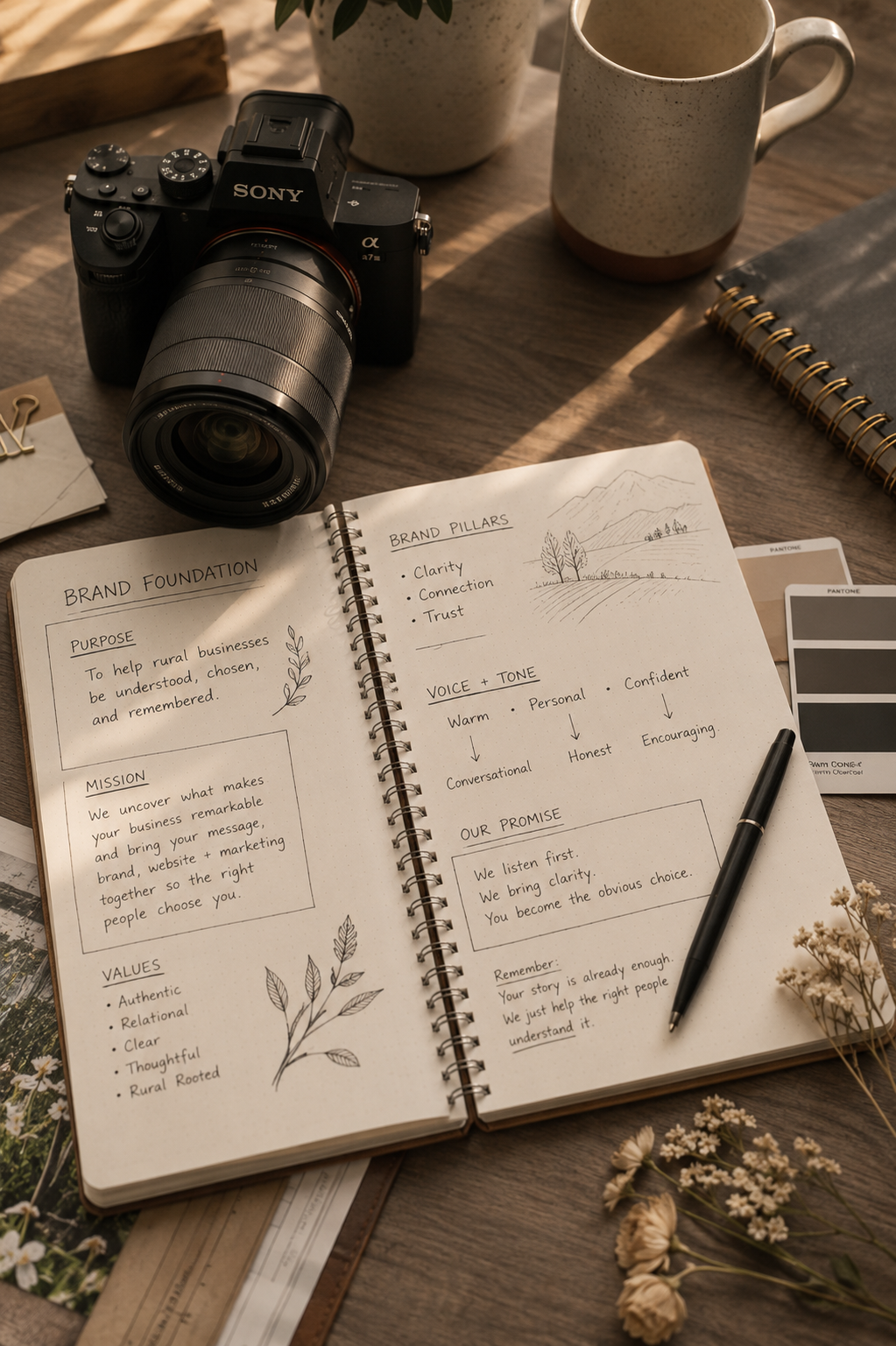 Handwritten brand strategy notes used to uncover a client's message and positioning. Sony camera used by Humble Pie Promotions to create authentic brand photography.