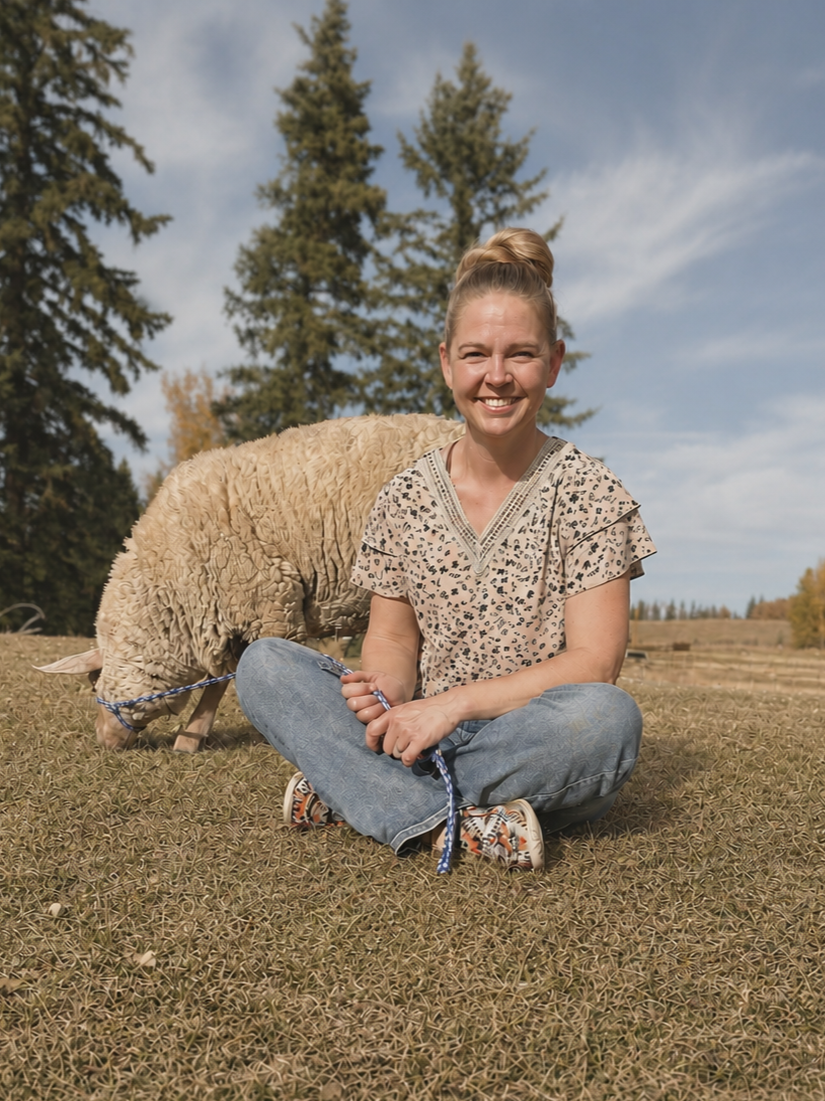 Natalie Winters, founder of Humble Pie Promotions, sitting with a sheep - one her passions that fuels her inspiration.