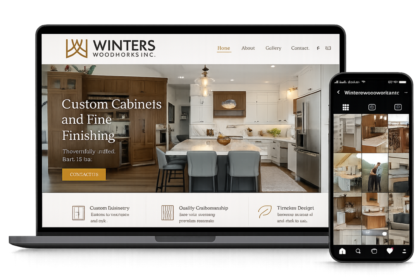 A laptop displaying a website for Winters Woodworks Inc., showcasing custom cabinets and fine finishing, with a kitchen interior image, and a smartphone showing a photo gallery of woodwork projects.