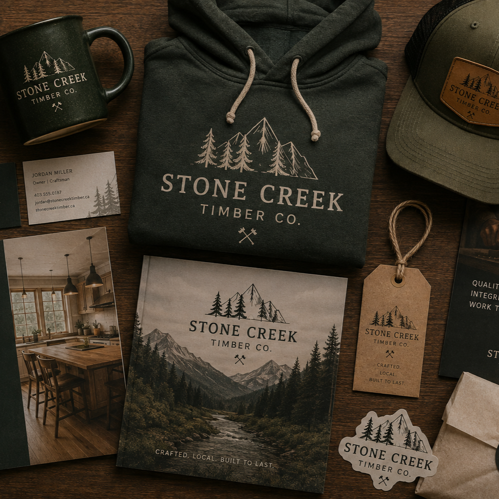 Stone Creek Timber Co. brand applied across apparel, drinkware and printed materials.