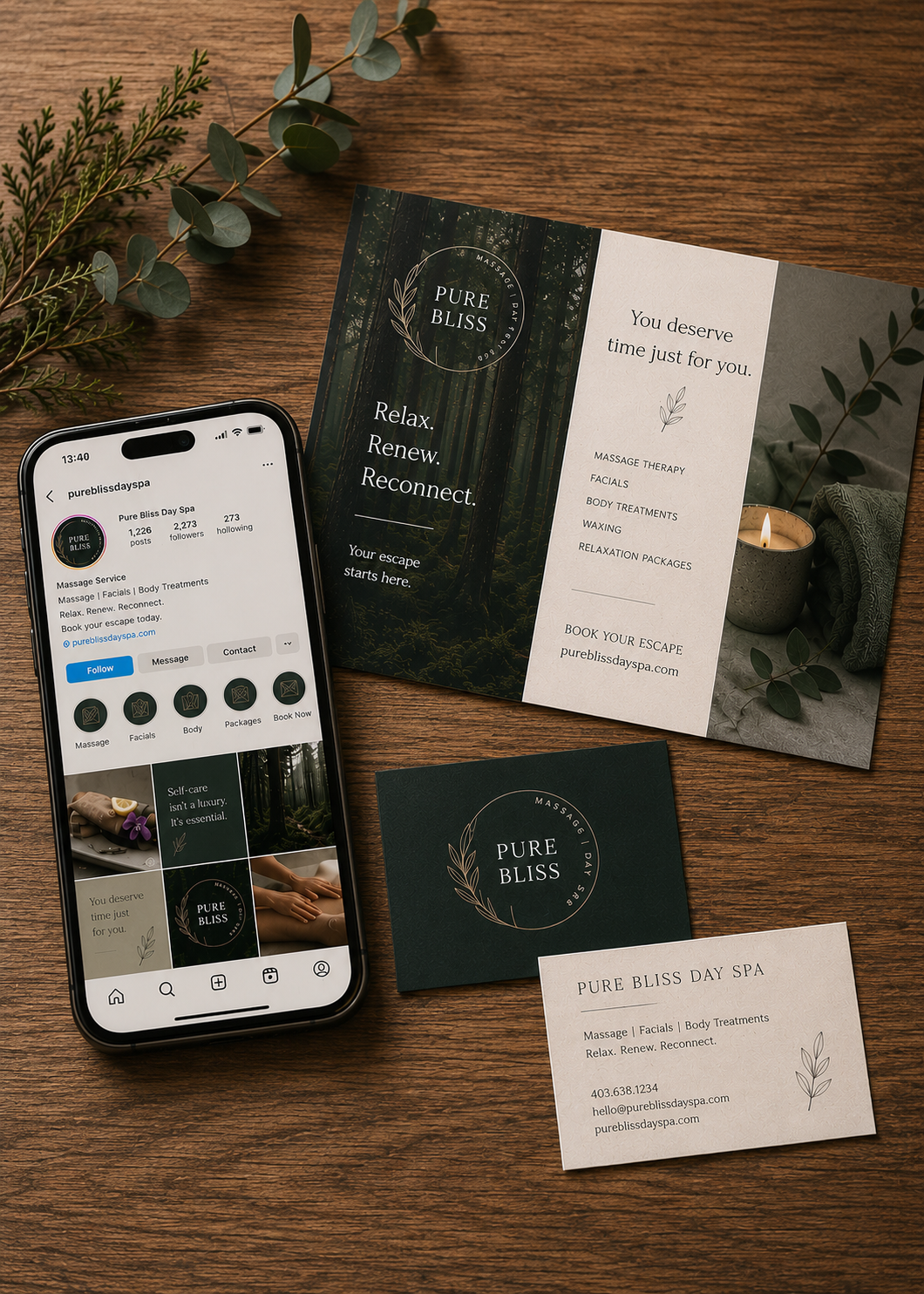 Examples of marketing and promotional material for Pure Bliss Day Spa.