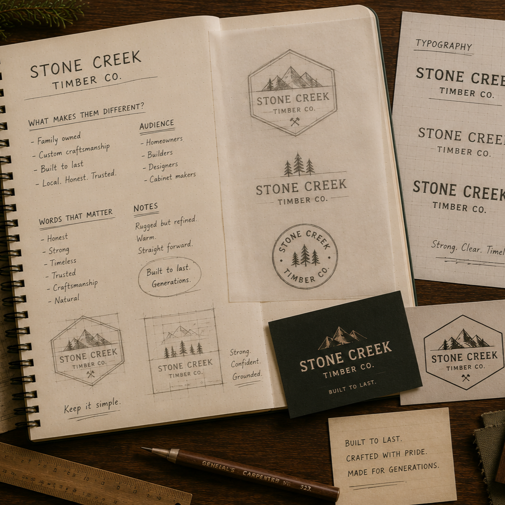 Brand development sketches and logo concepts for Stone Creek Timber Co.
