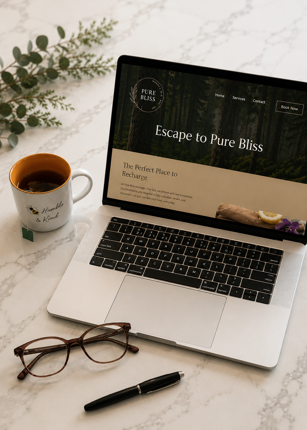 Custom website created by Humble Pie Promotions displayed on a desktop computer.