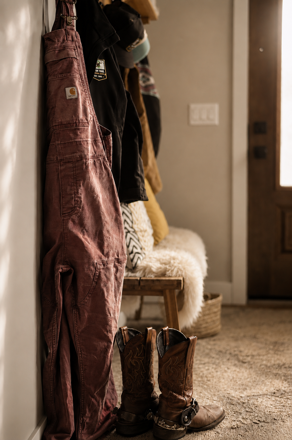 Pink Carhartt overalls representing the rural roots behind Humble Pie Promotions.