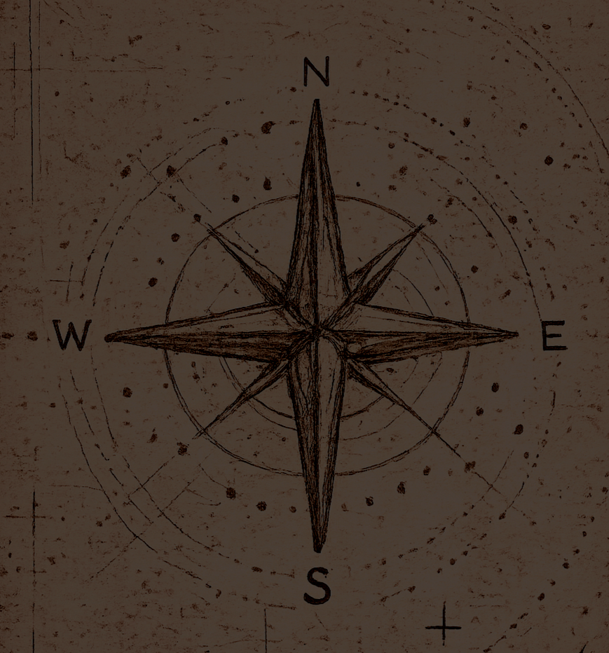 Drawing of a compass rose on a textured paper background, with cardinal directions North, East, South, and West marked.