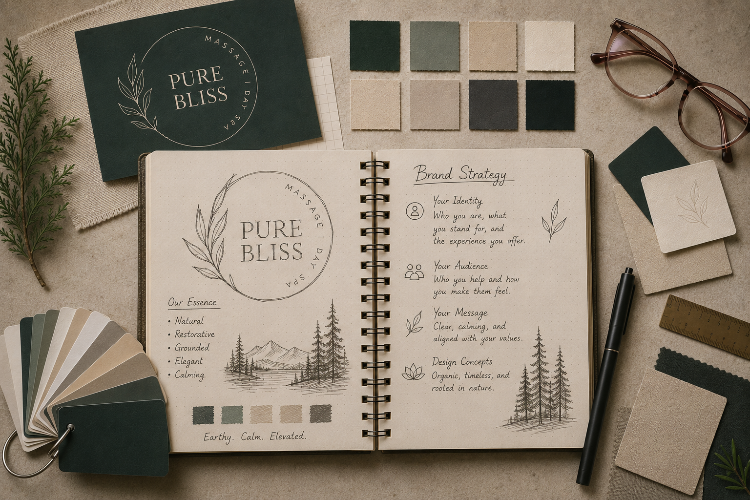 Pure Bliss brand strategy sketches, colour palette and visual identity development.