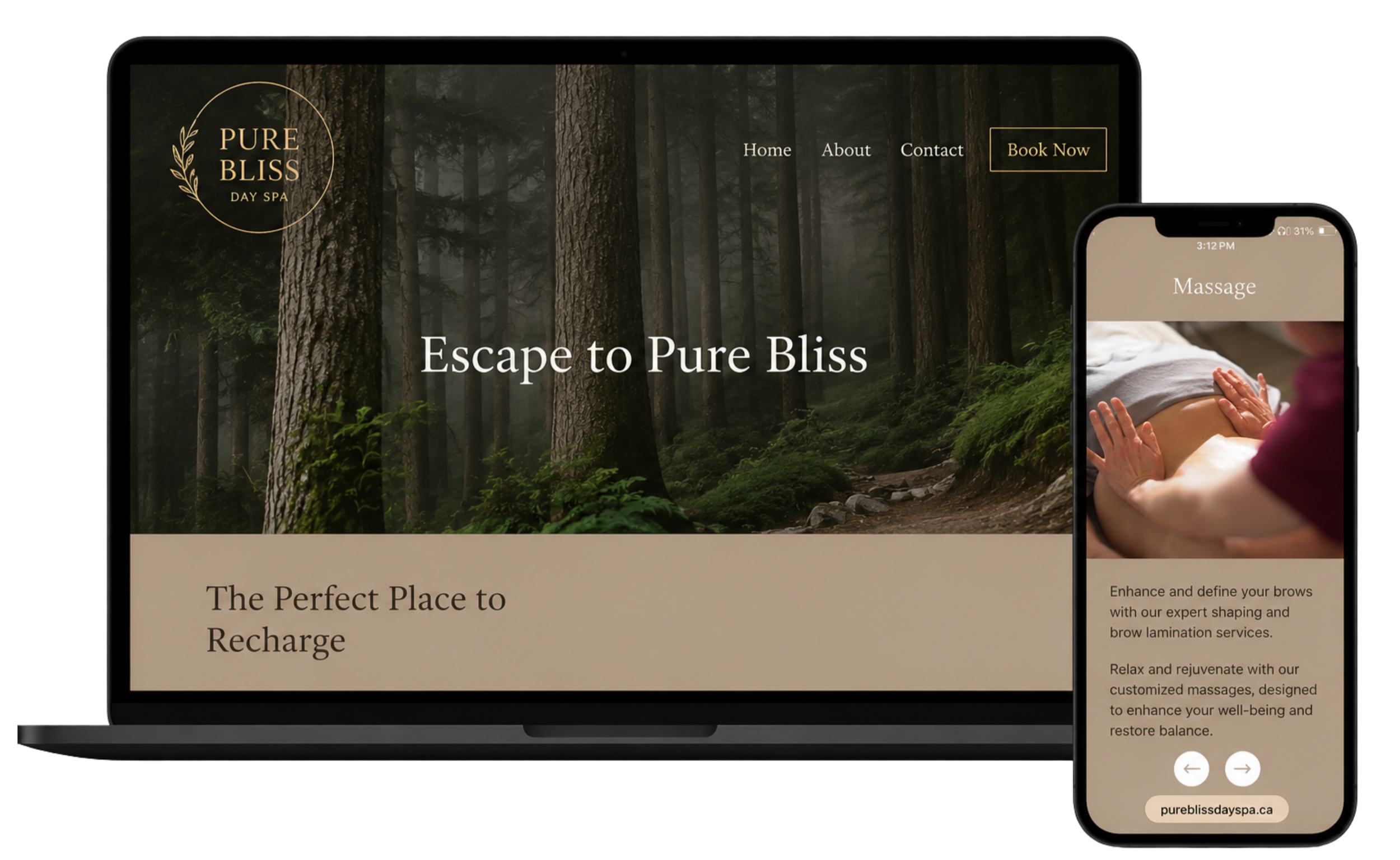 Pure Bliss spa website design featuring a calming, welcoming visual identity.