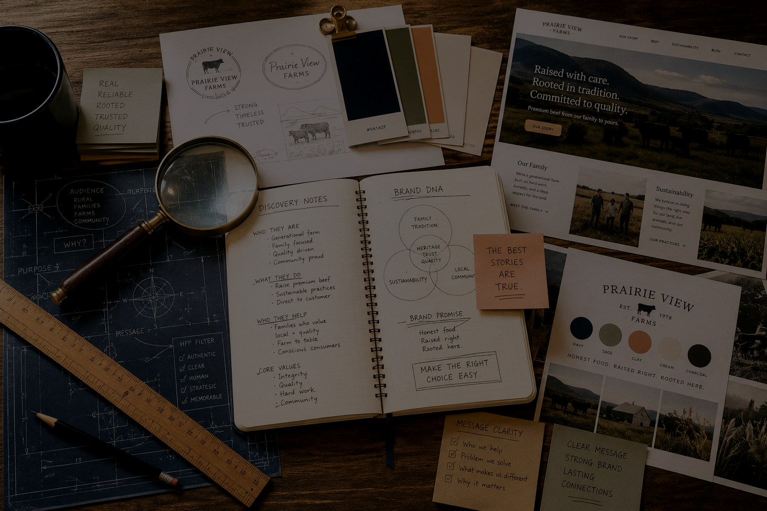 Brand strategy workspace with sketches, photography and printed materials for Prairie View Farms.