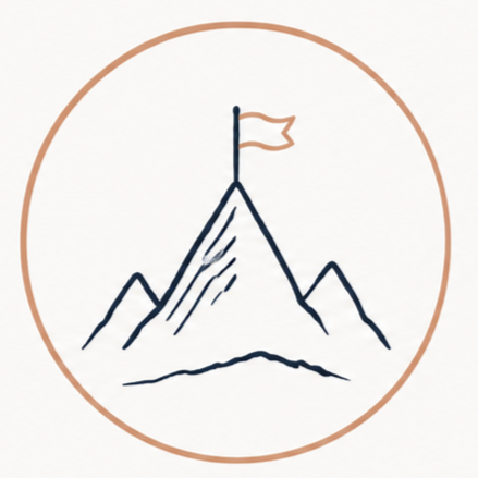 Drawing of a mountain with a flag on top, enclosed in a circle.