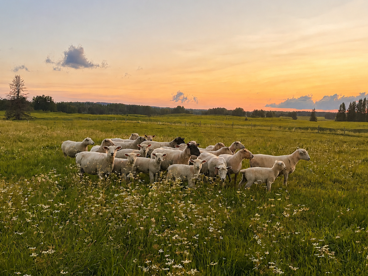 Sheep grazing on a rural Alberta farm where many Humble Pie Promotions ideas begin.