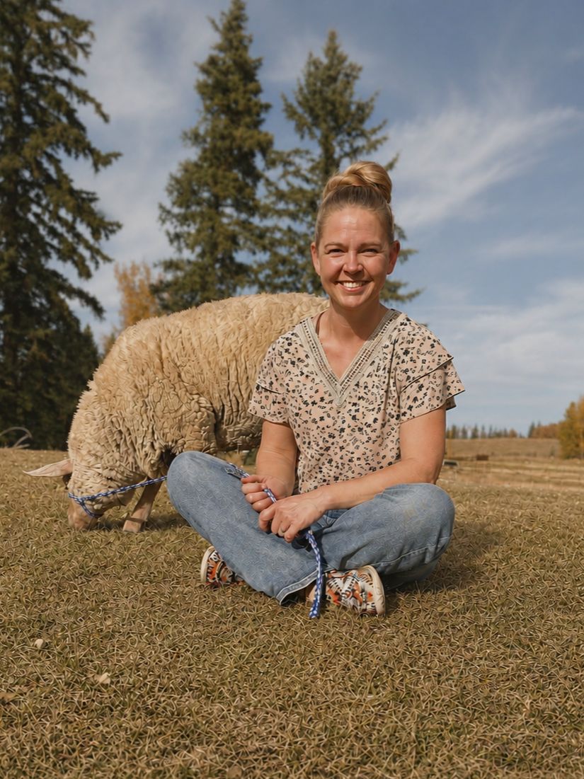 Natalie Winters sitting with one of her sheep on her family farm in rural Alberta.