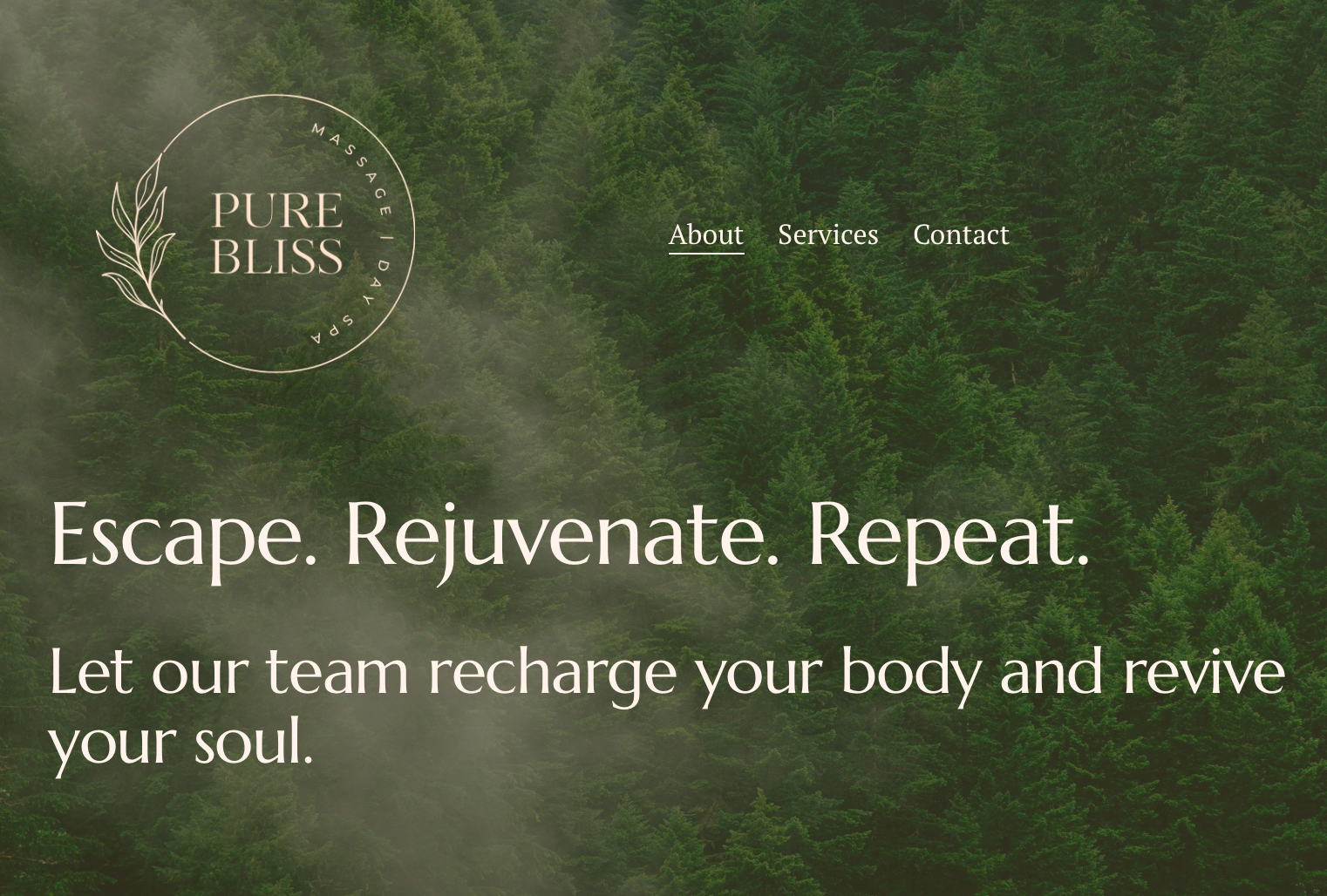 Pure Bliss Massage and Day Spa website featuring a calming, nature-inspired design.