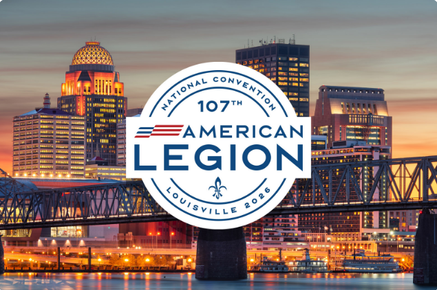Dallas skyline at sunset with the American Legion 107th National Convention logo overlay.