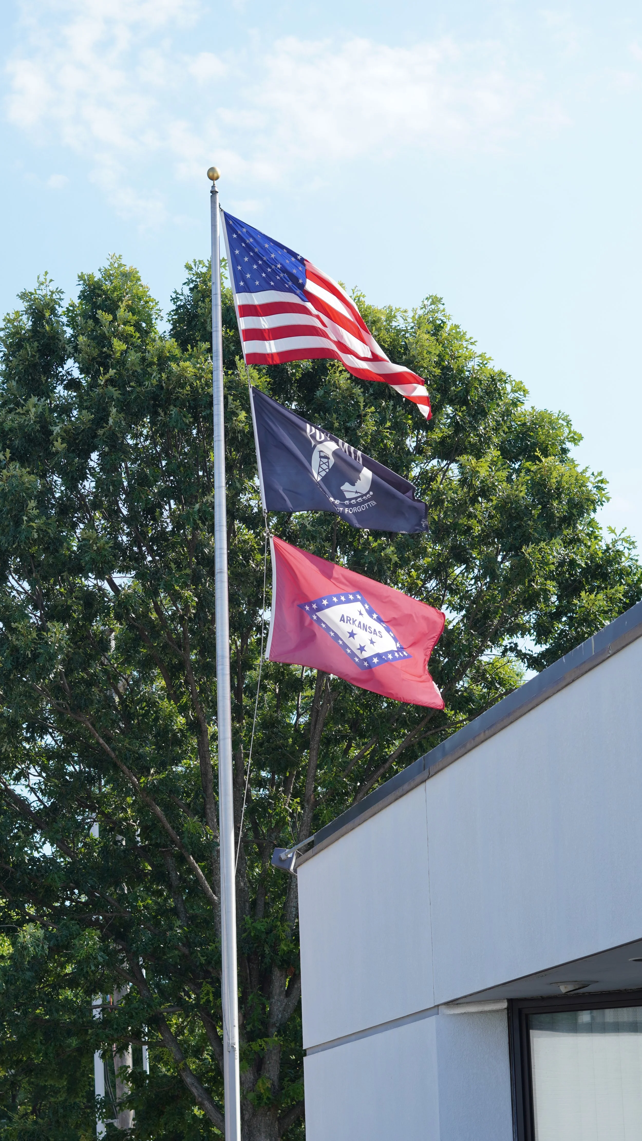 Three flags flying on a flagpole against a background of green trees and a clear blue sky. The top flag is the United States flag, the middle flag appears to be a military or organizational flag, and the bottom flag is the Arkansas state flag.