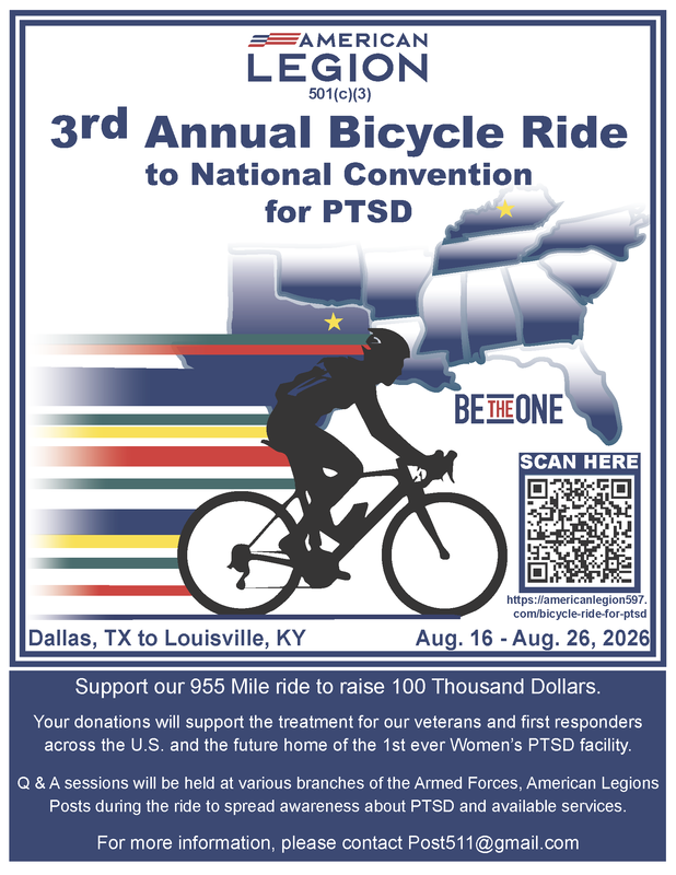 Poster for American Legion's 3rd Annual Bicycle Ride from Dallas, TX to Louisville, KY, July 16-26, 2026, supporting PTSD veterans, featuring a silhouette of a cyclist and a map of the United States.