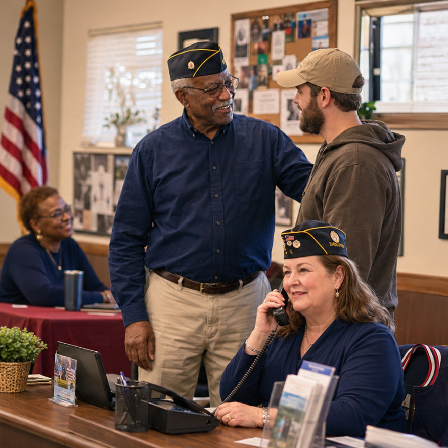 Veterans' organization meeting with elderly veteran in military cap smiling and talking to a young man, woman on phone.
