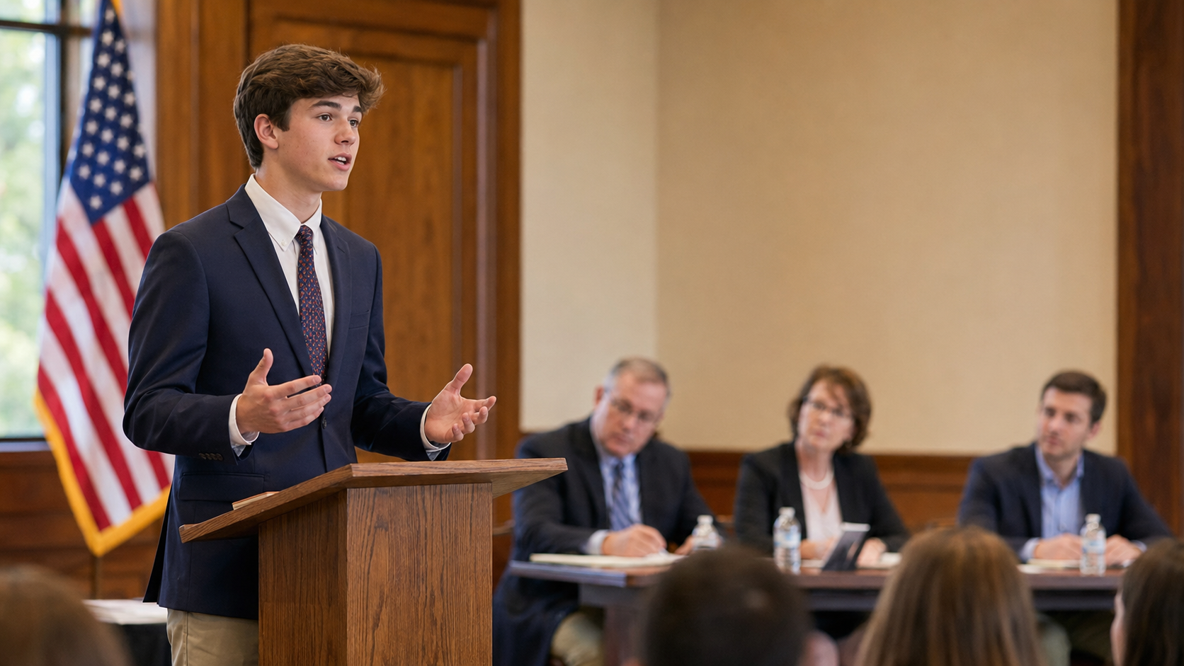 A young man in a blue suit and tie speaks at a podium during a meeting, with three adults sitting at a table listening, and an American flag in the background.