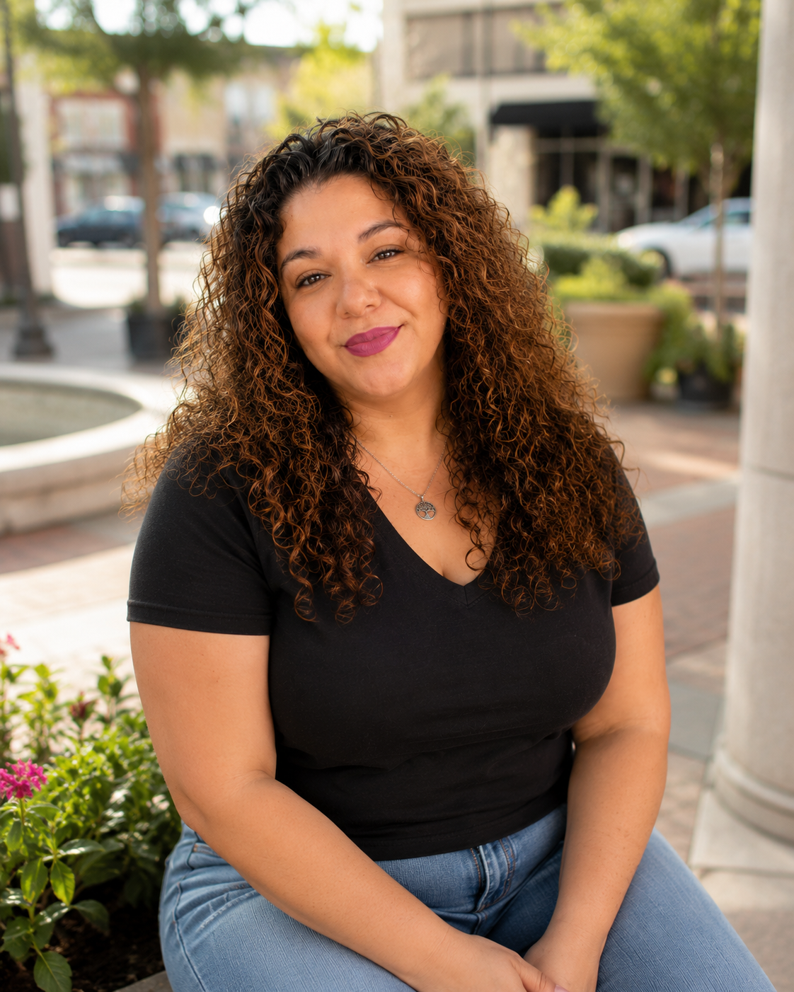 A woman with curly brown hair and purple lipstick smiling at the camera, seated outdoors near a flower bed and a stone pillar, with a city street in the background.