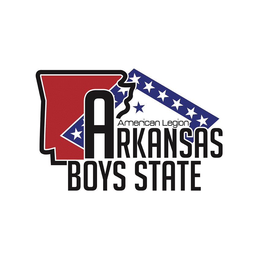 Logo for Arkansas Boys State by the American Legion, featuring a stylized map of Arkansas with stars, the letter 'A', and the text 'American Legion Arkansas Boys State'.