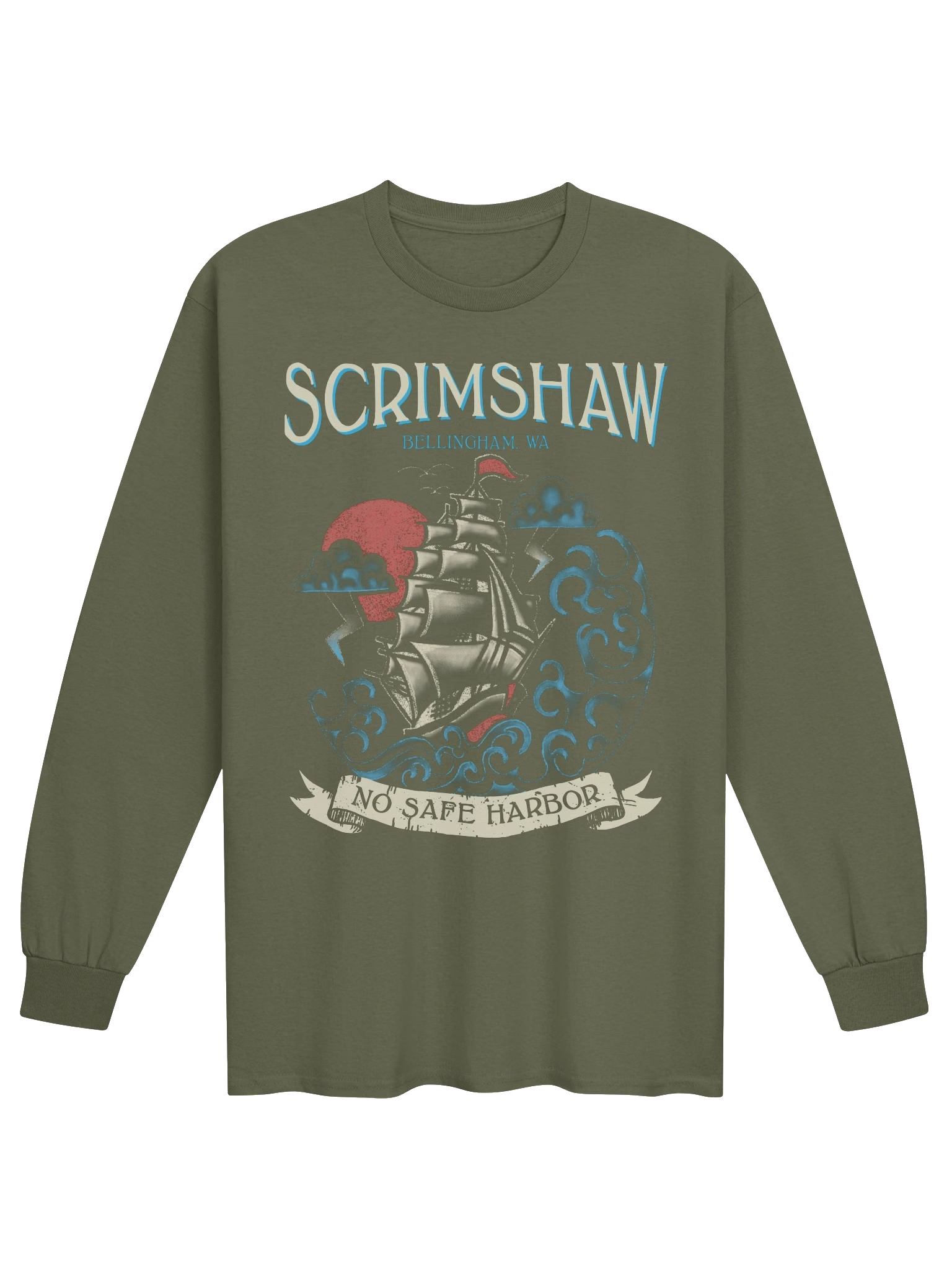 Olive Military Green long sleeve t shirt with illustration of clipper ship and waves in storm